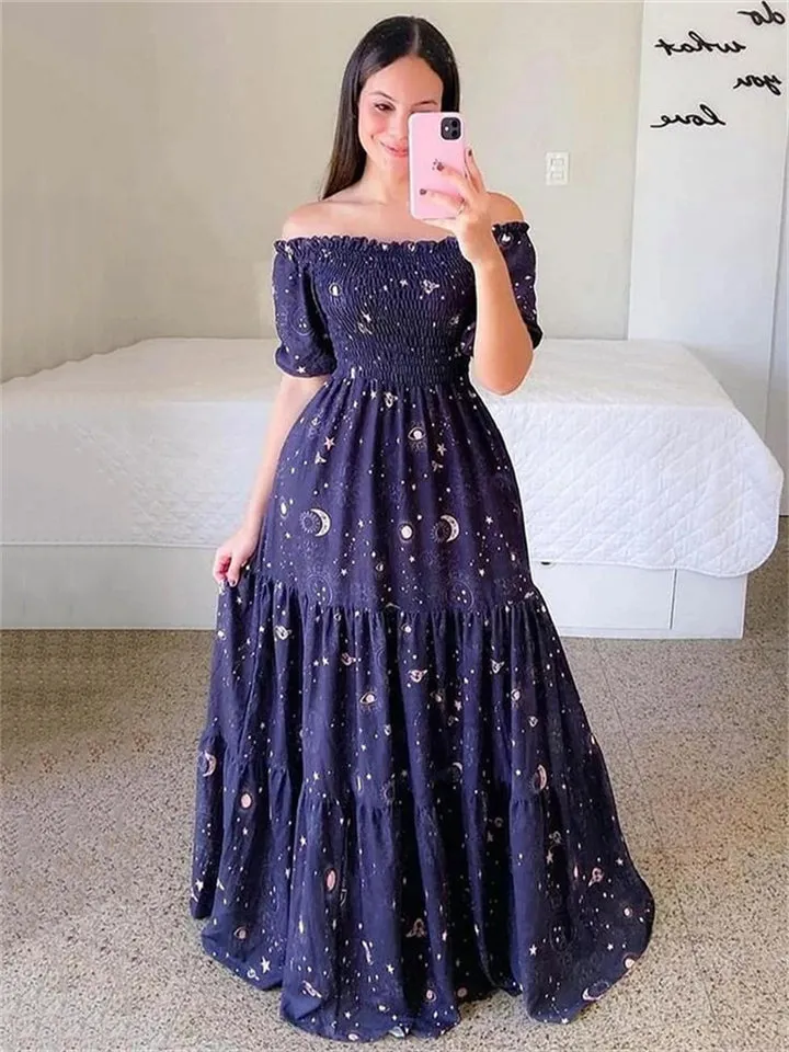 Elegant Lady Sweet Floral Print One Shoulder Long Dresses