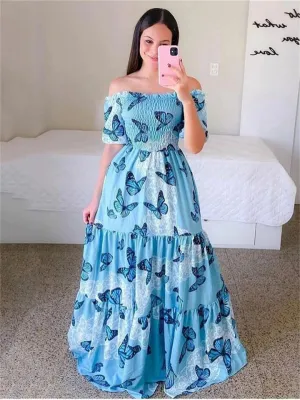Elegant Lady Sweet Floral Print One Shoulder Long Dresses