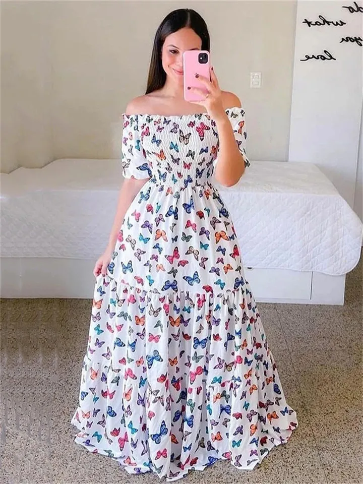 Elegant Lady Sweet Floral Print One Shoulder Long Dresses