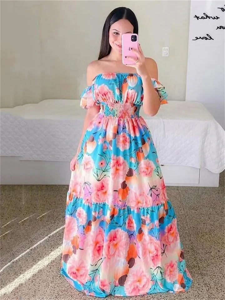 Elegant Lady Sweet Floral Print One Shoulder Long Dresses