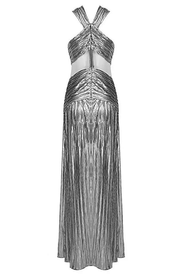 ELSA METALLIC CRISS CROSS HALTER NECK GOWN