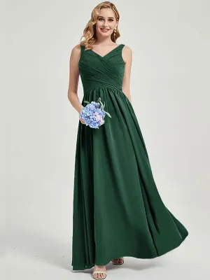Emerald Green Wide Straps Sleeveless V-Neck Pleated Bridesmaid Dress