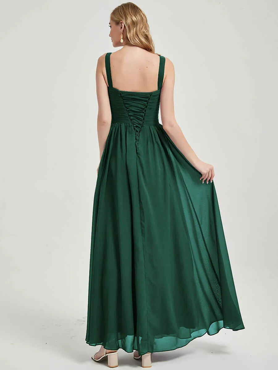 Emerald Green Wide Straps Sleeveless V-Neck Pleated Bridesmaid Dress