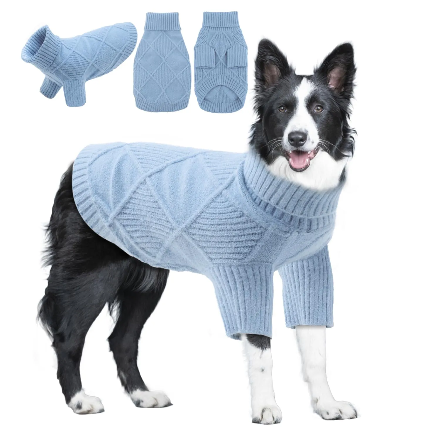 EMUST Dog Sweater – Warm Diamond Pattern Pullover for Medium Dogs (Blue, Size L)