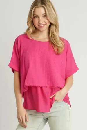 Eyelet Layered Short Sleeve Blouse - Hot Pink