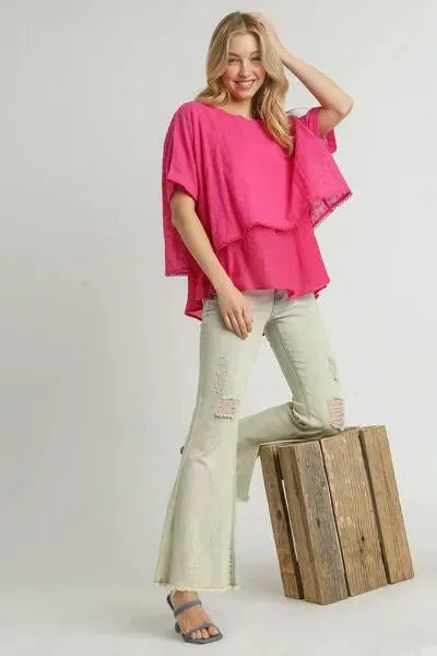 Eyelet Layered Short Sleeve Blouse - Hot Pink