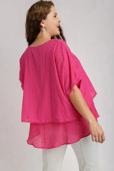 Eyelet Layered Short Sleeve Blouse - Hot Pink
