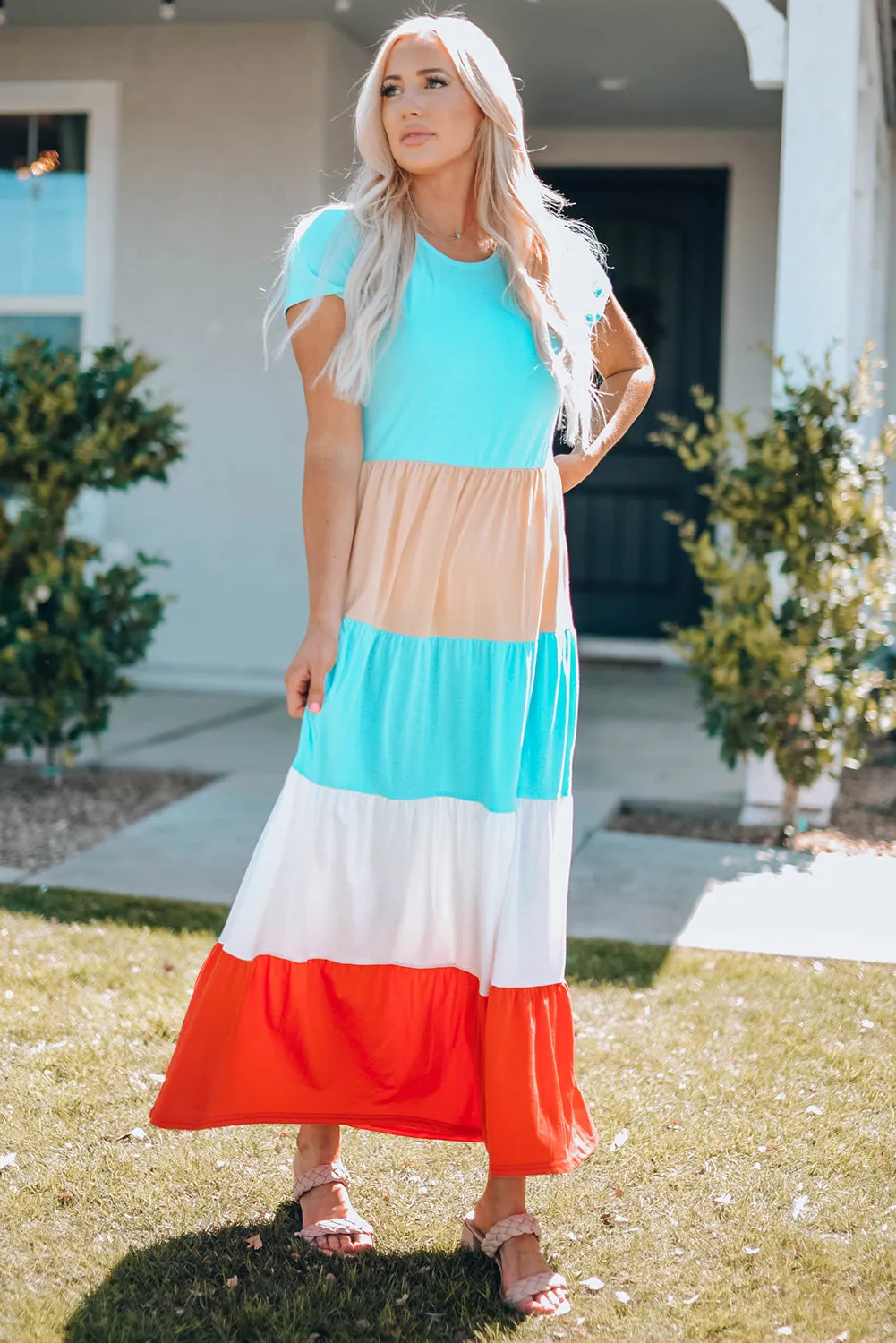Family Matching Short Sleeve Color Block Adult Maxi Dress