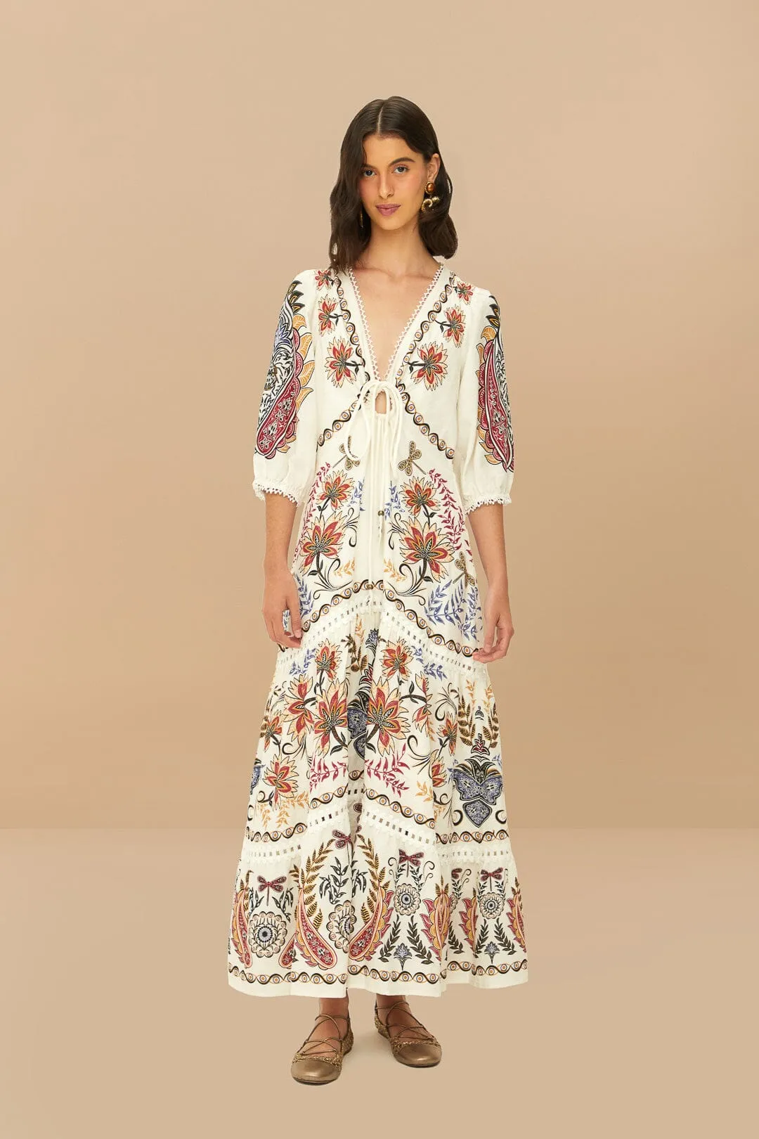FARM RIO BOHO GLAM OFF-WHITE MAXI DRESS