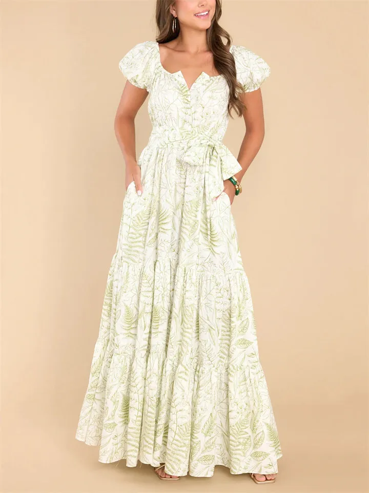 Female Classy Waist Tie Puff Sleeve Leaf Printed Dresses