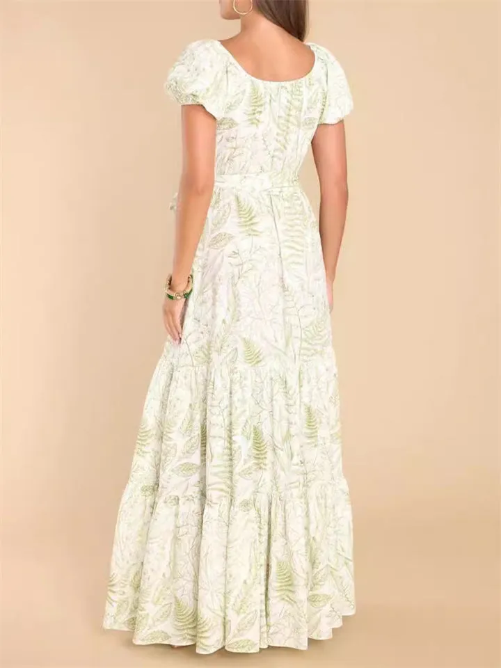 Female Classy Waist Tie Puff Sleeve Leaf Printed Dresses