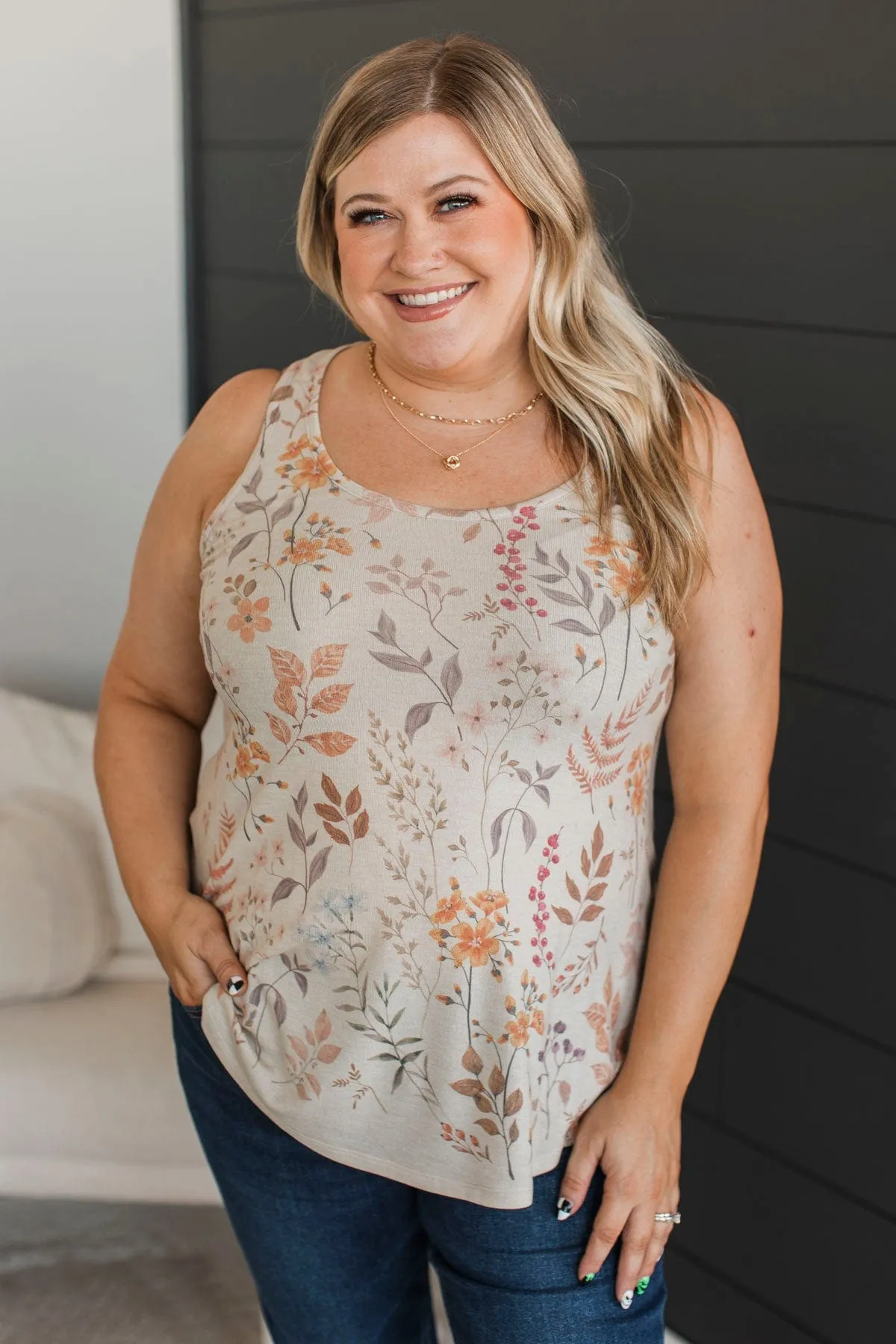 Figuring It Out Floral Tank Top- Light Taupe