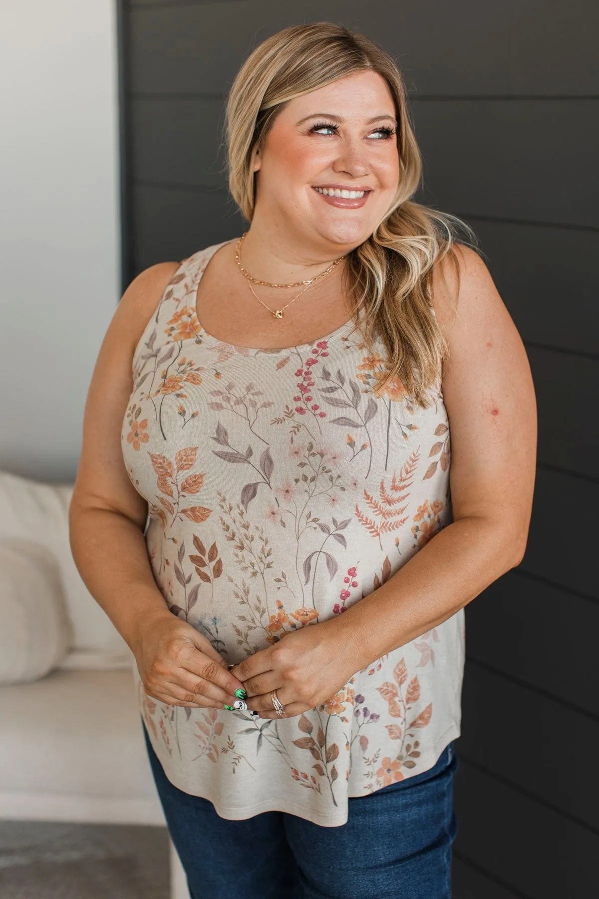 Figuring It Out Floral Tank Top- Light Taupe