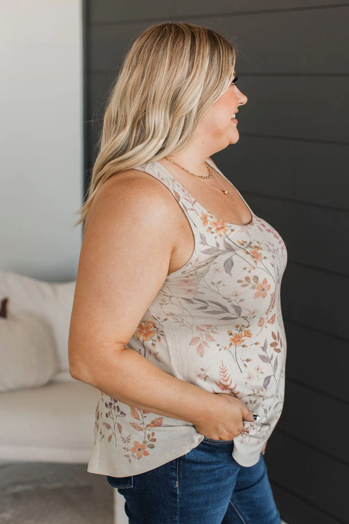 Figuring It Out Floral Tank Top- Light Taupe