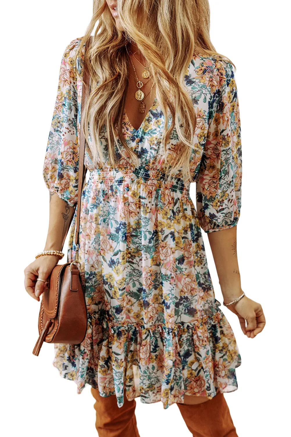 Floral 3/4 Sleeve V Neck Ruffled Dress