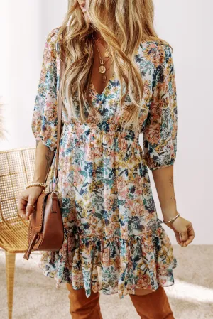 Floral 3/4 Sleeve V Neck Ruffled Dress