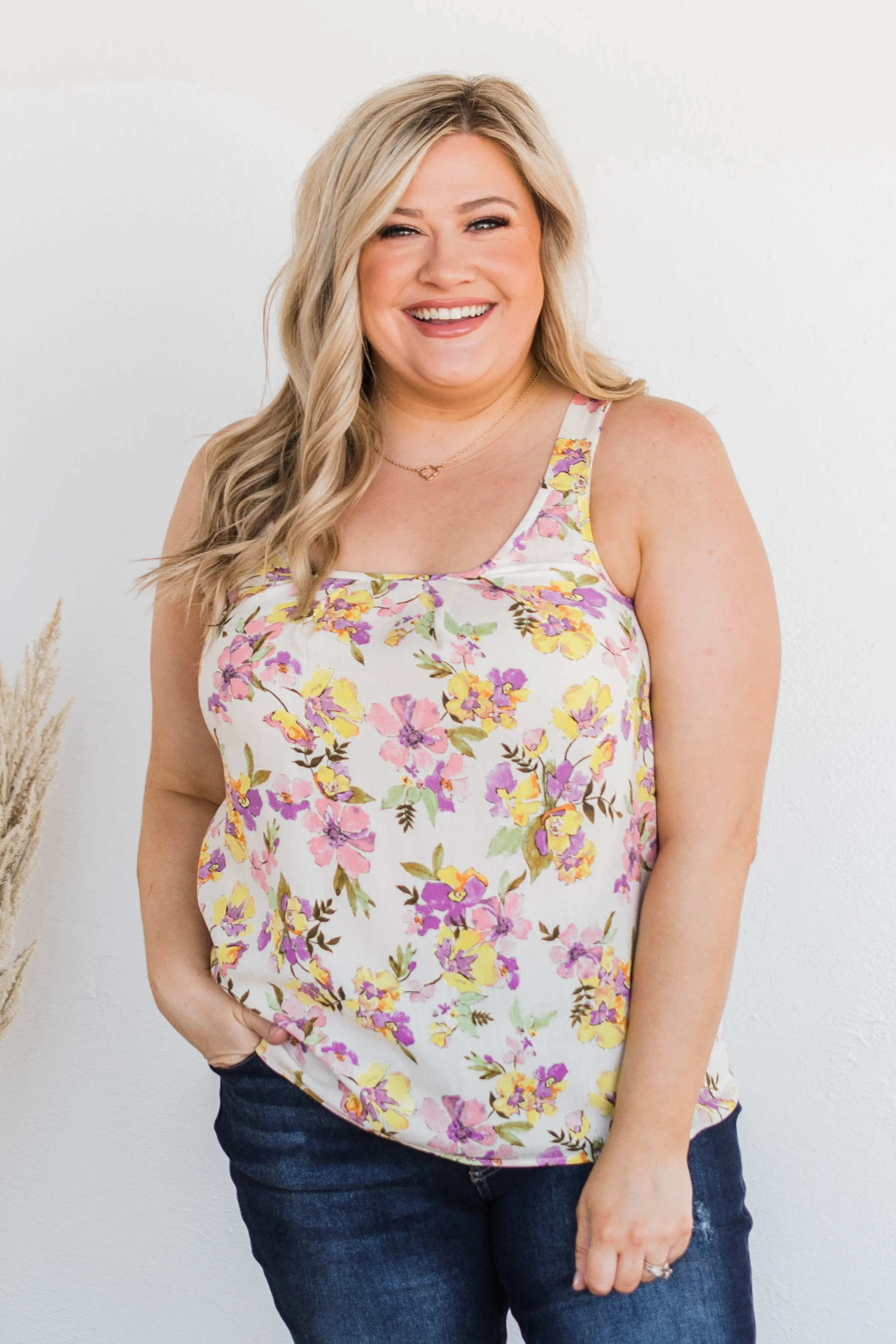 Floral Happiness Pleated Tank Top- Ivory