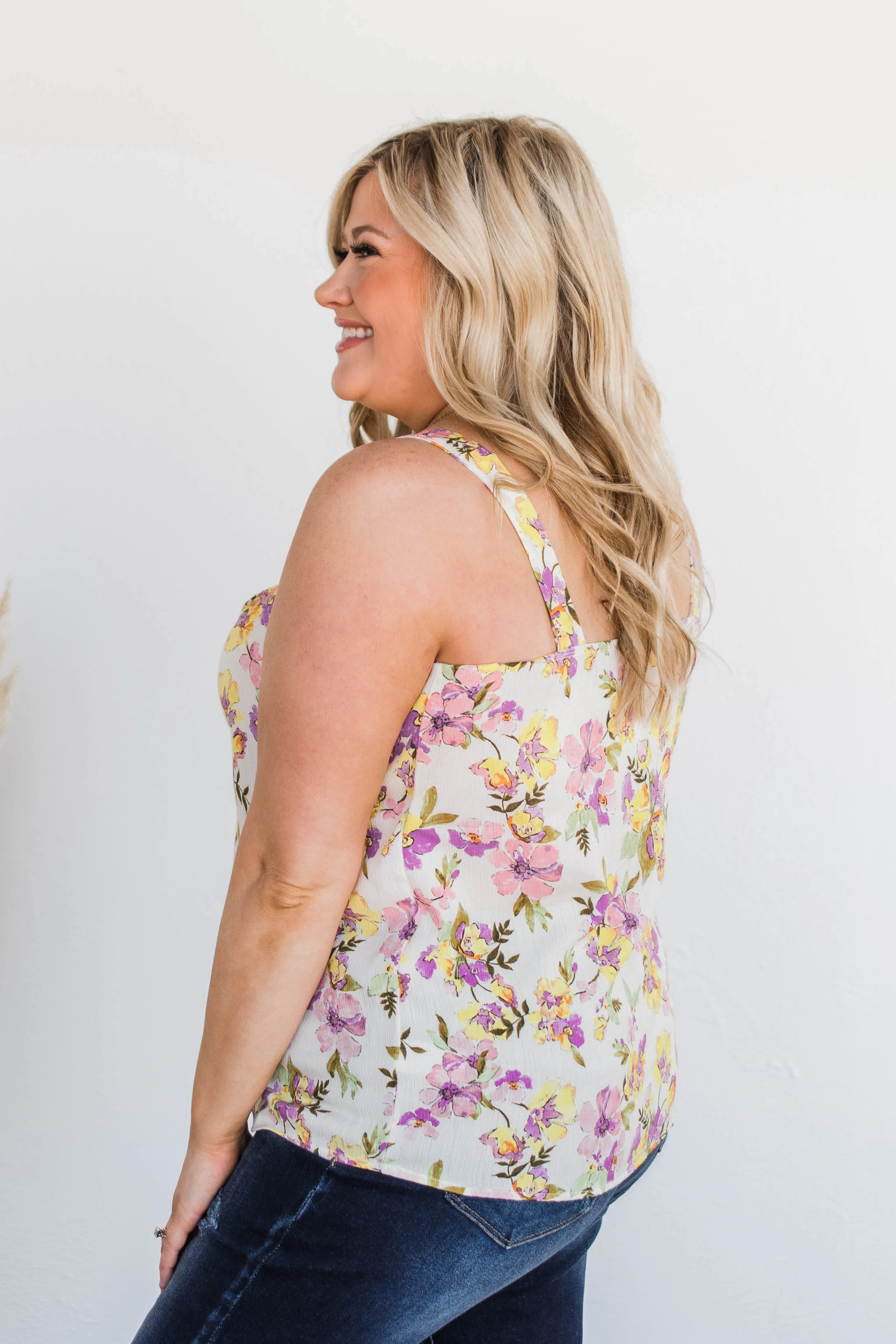 Floral Happiness Pleated Tank Top- Ivory