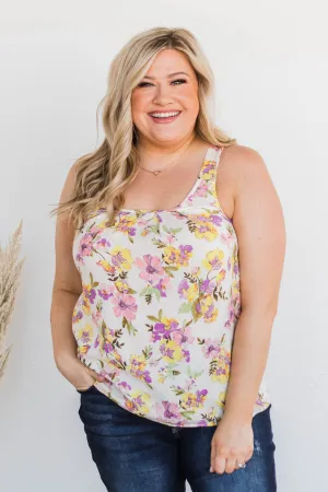Floral Happiness Pleated Tank Top- Ivory