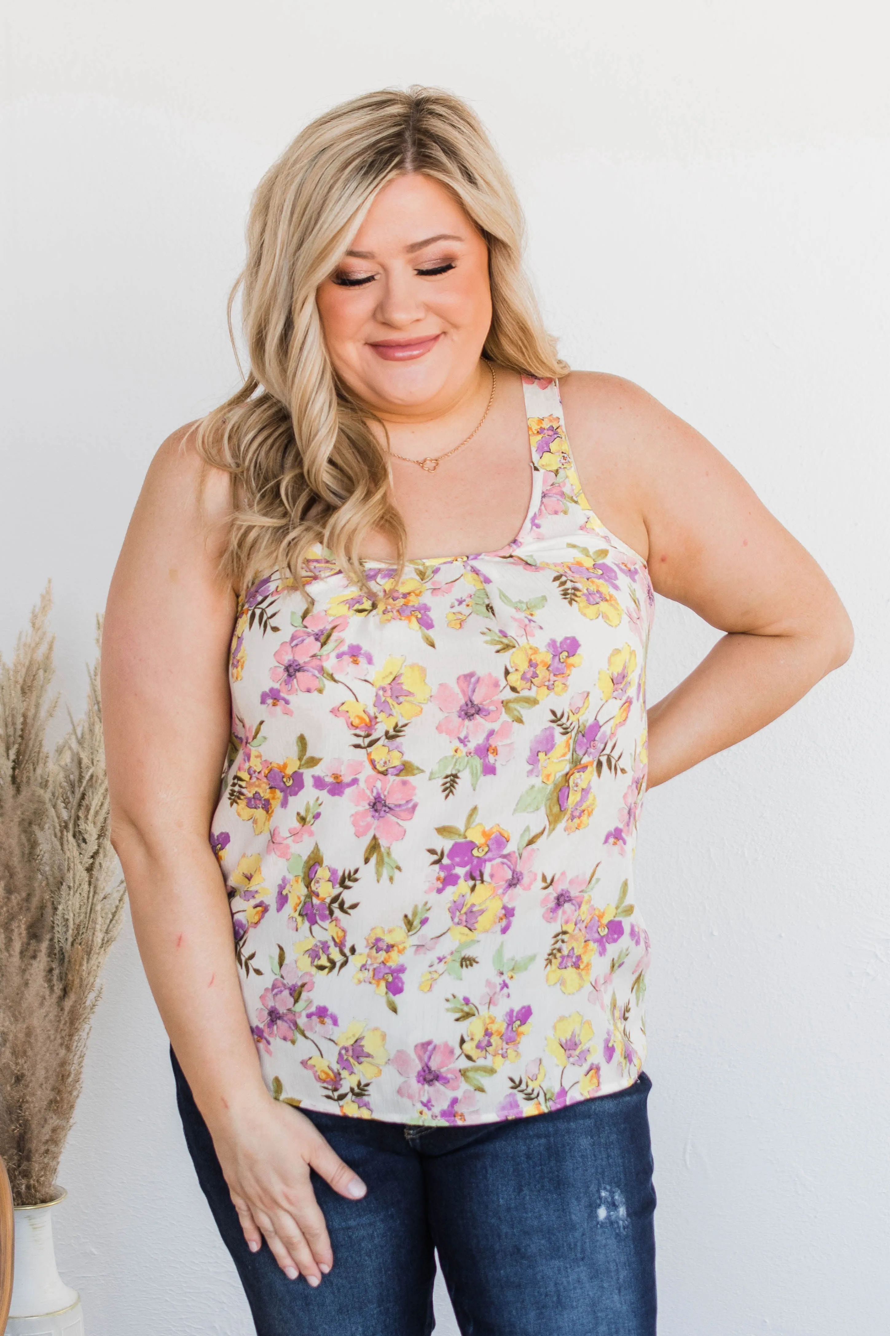 Floral Happiness Pleated Tank Top- Ivory