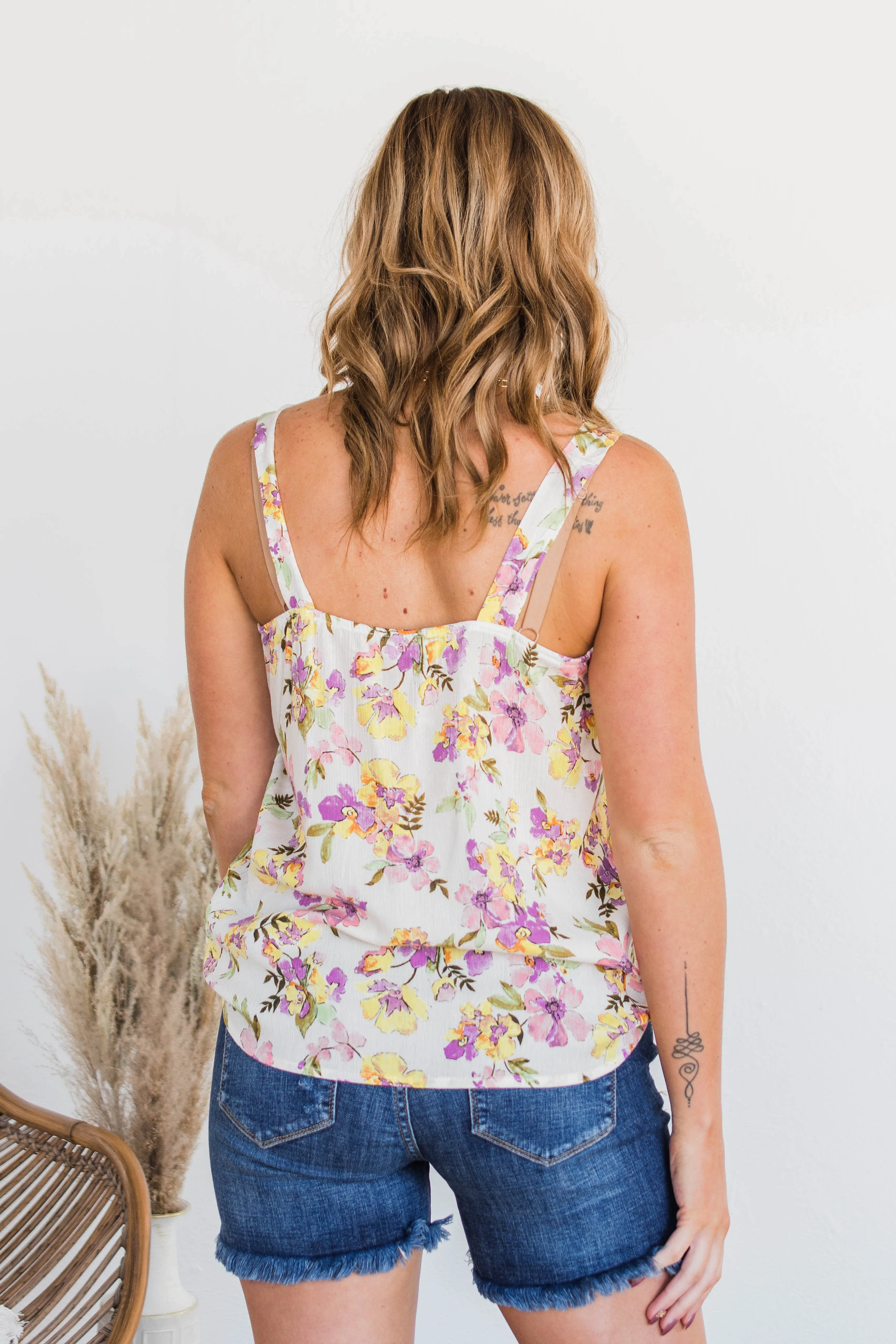 Floral Happiness Pleated Tank Top- Ivory