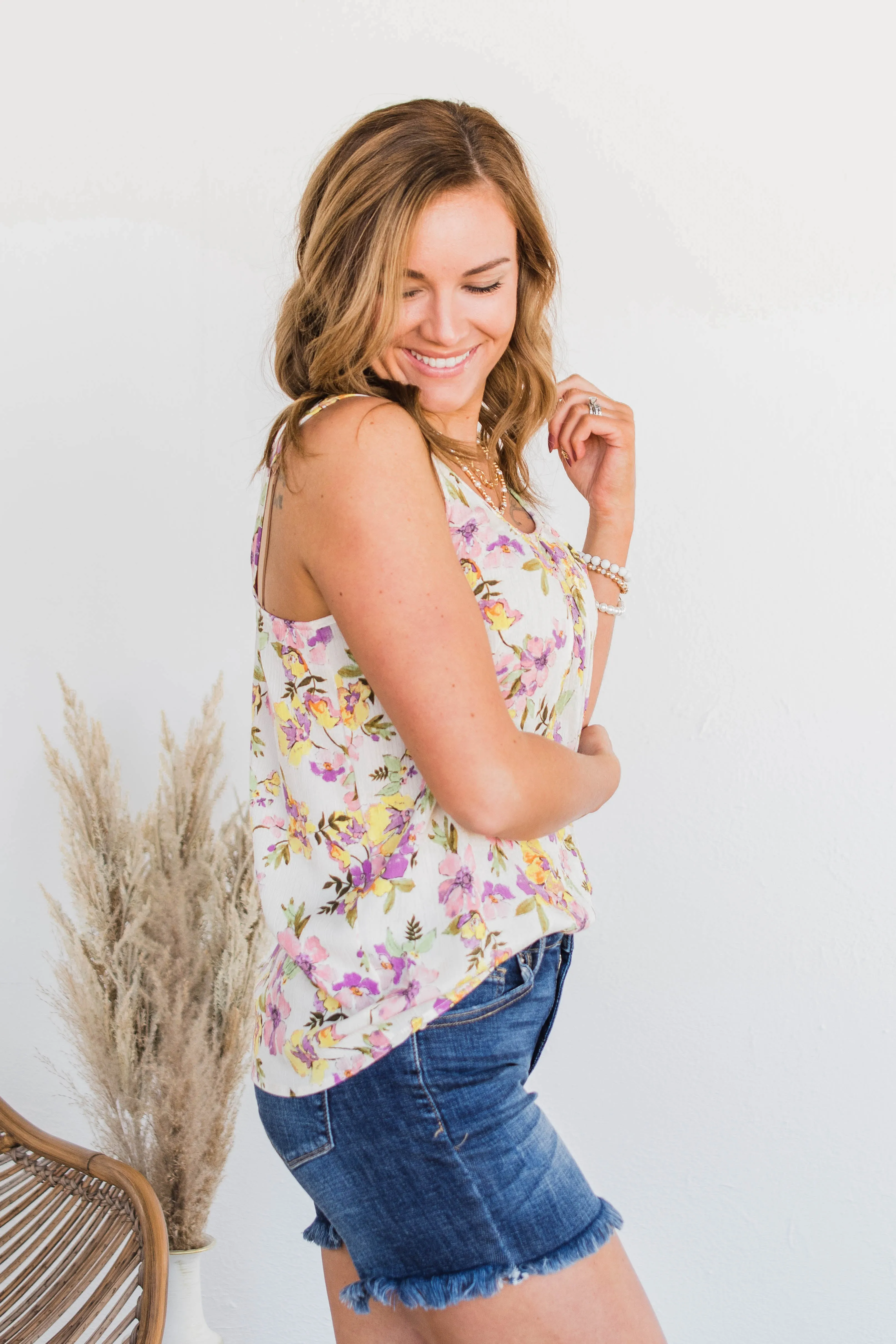 Floral Happiness Pleated Tank Top- Ivory
