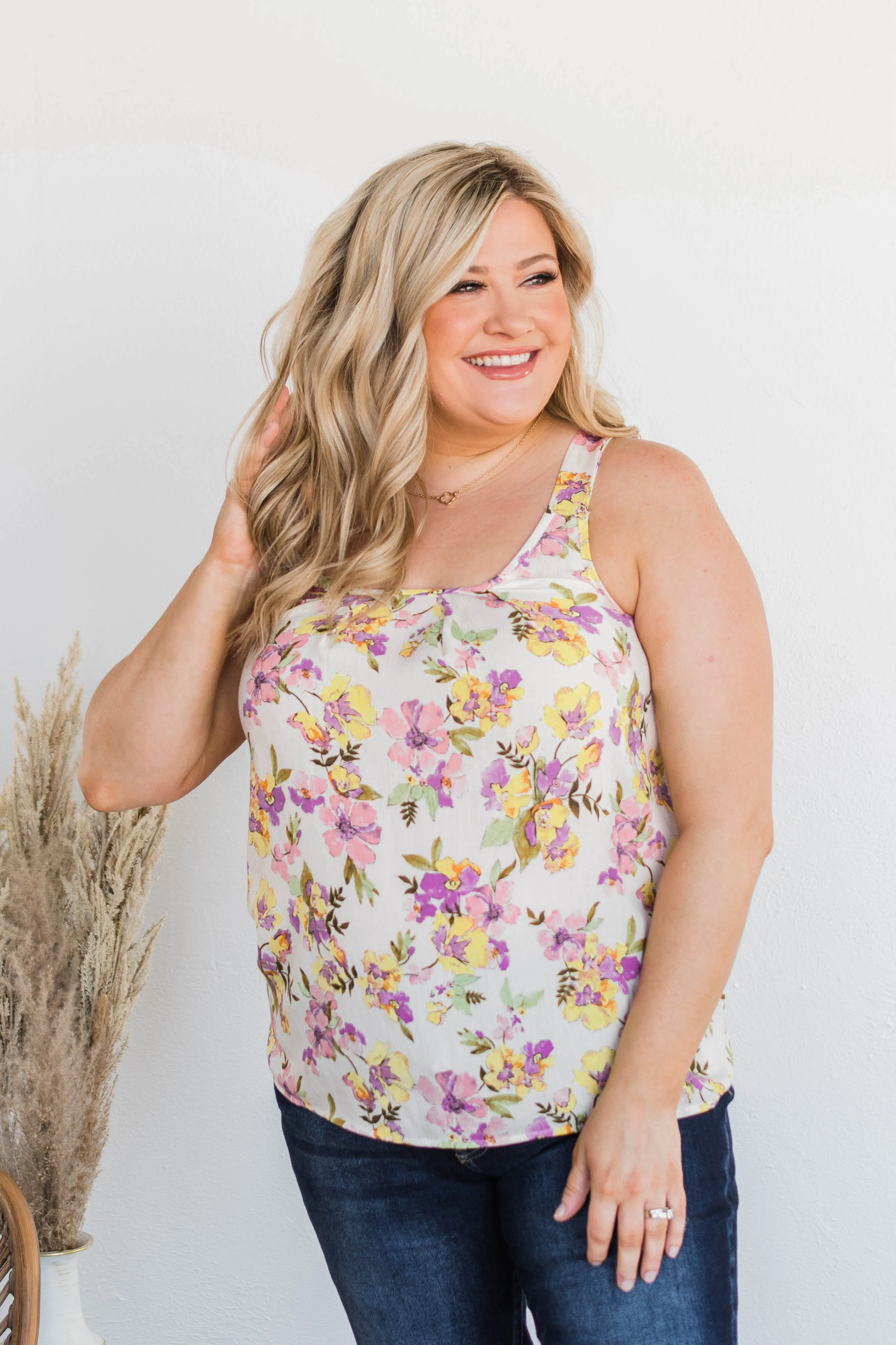Floral Happiness Pleated Tank Top- Ivory