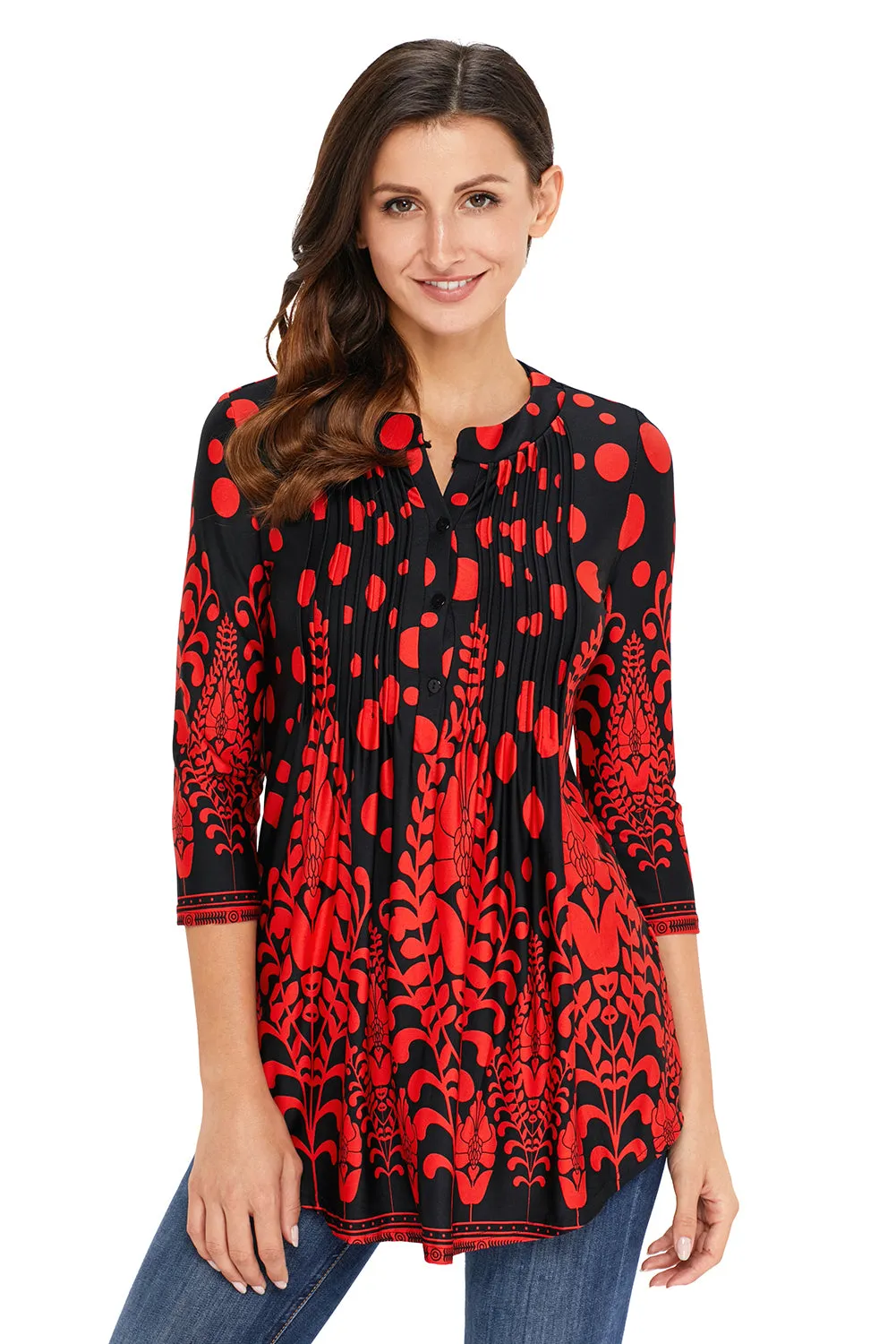 Floral Notch Neck Pin-tuck Tunic