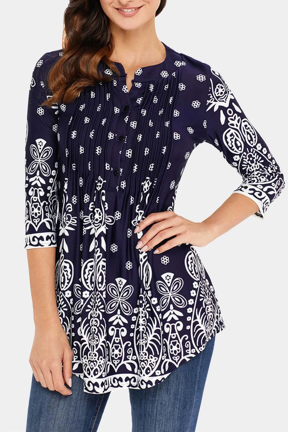 Floral Notch Neck Pin-tuck Tunic