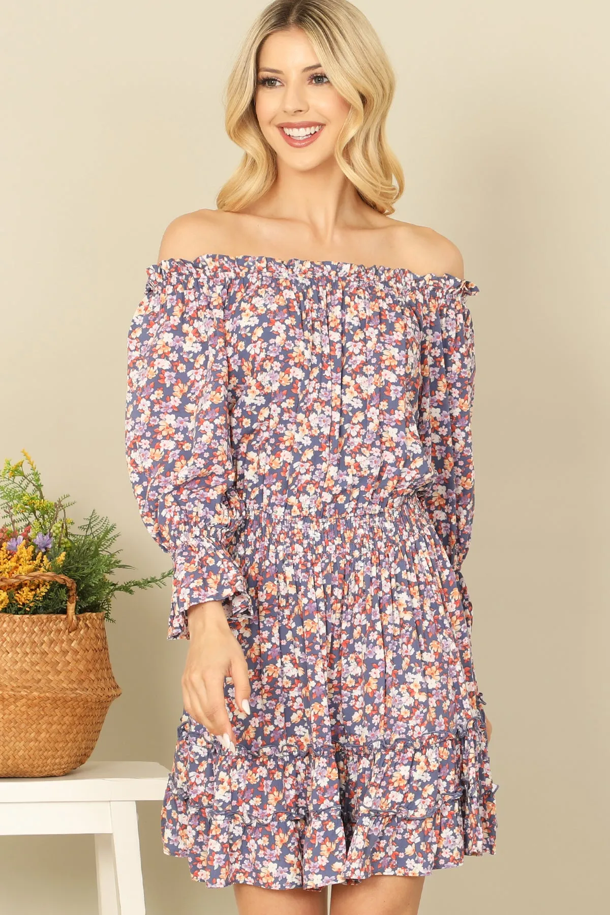 FLORAL OFF SHOULDER ELASTIC WAIST LONG SLEEVE RUFFLE DRESS