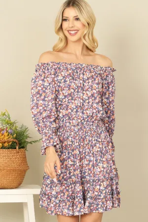 FLORAL OFF SHOULDER ELASTIC WAIST LONG SLEEVE RUFFLE DRESS