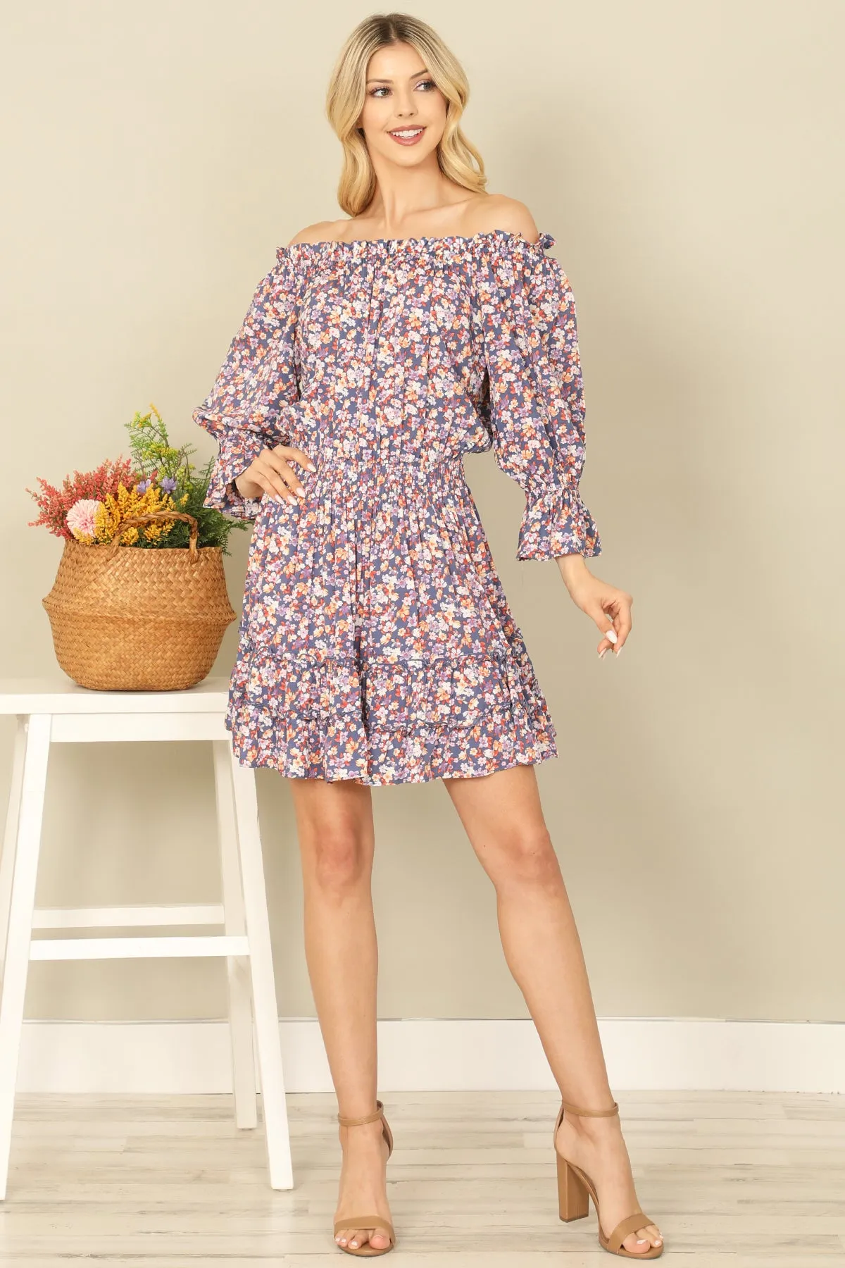 FLORAL OFF SHOULDER ELASTIC WAIST LONG SLEEVE RUFFLE DRESS