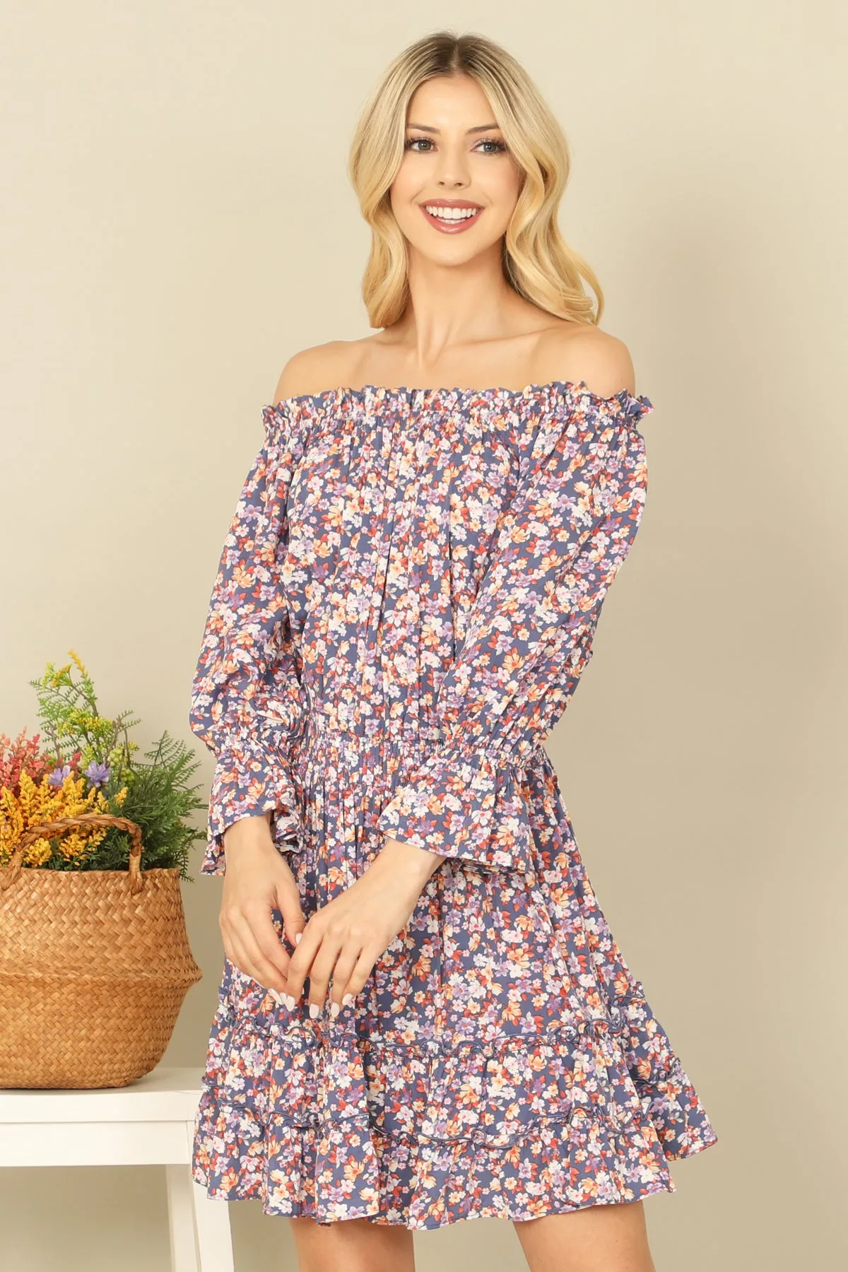 FLORAL OFF SHOULDER ELASTIC WAIST LONG SLEEVE RUFFLE DRESS