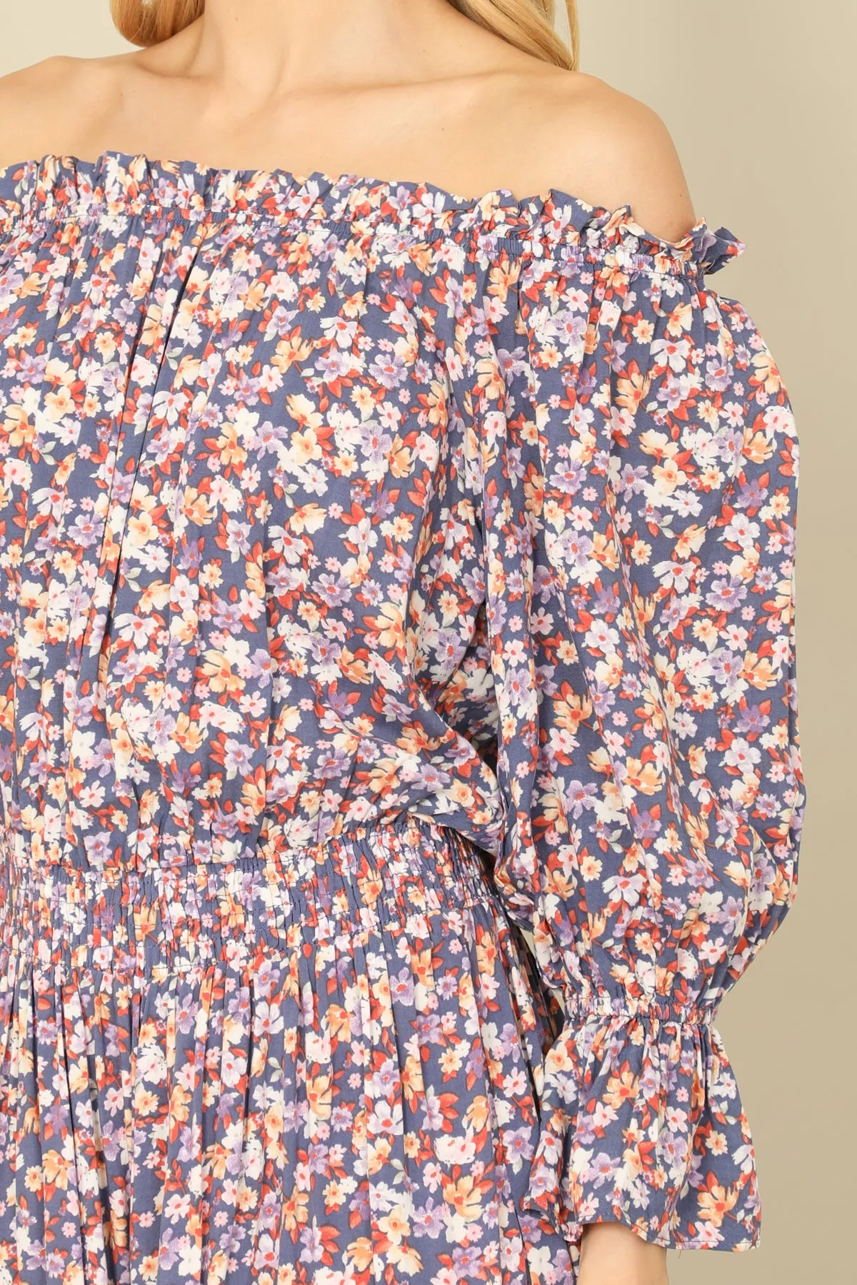 FLORAL OFF SHOULDER ELASTIC WAIST LONG SLEEVE RUFFLE DRESS