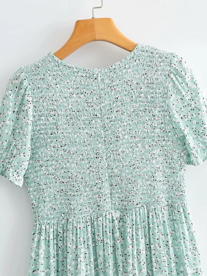 Floral Puff Sleeve Round Neck Shirred Frill Midi Dresses