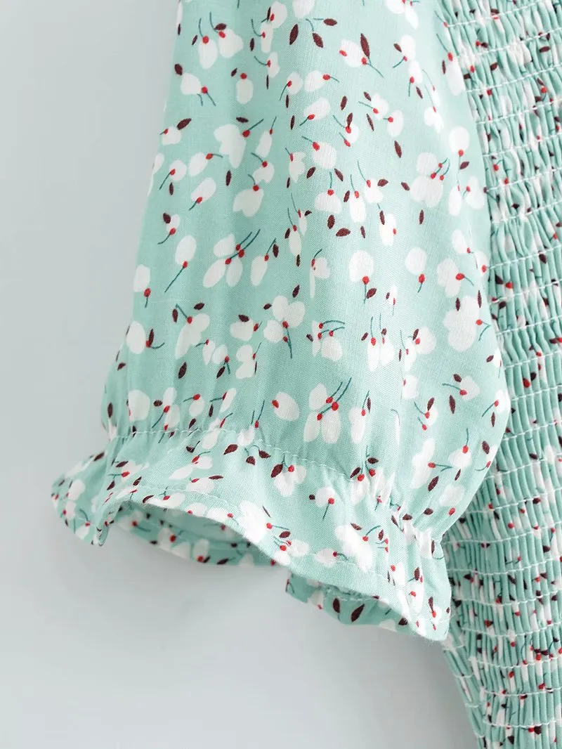 Floral Puff Sleeve Round Neck Shirred Frill Midi Dresses