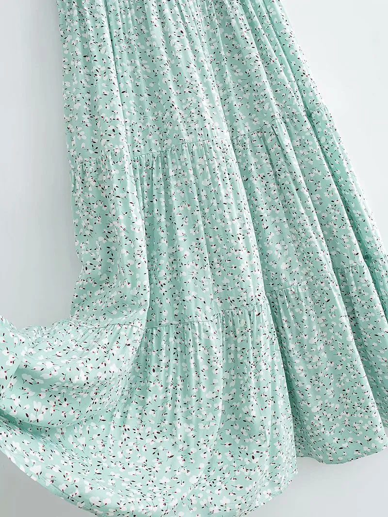 Floral Puff Sleeve Round Neck Shirred Frill Midi Dresses