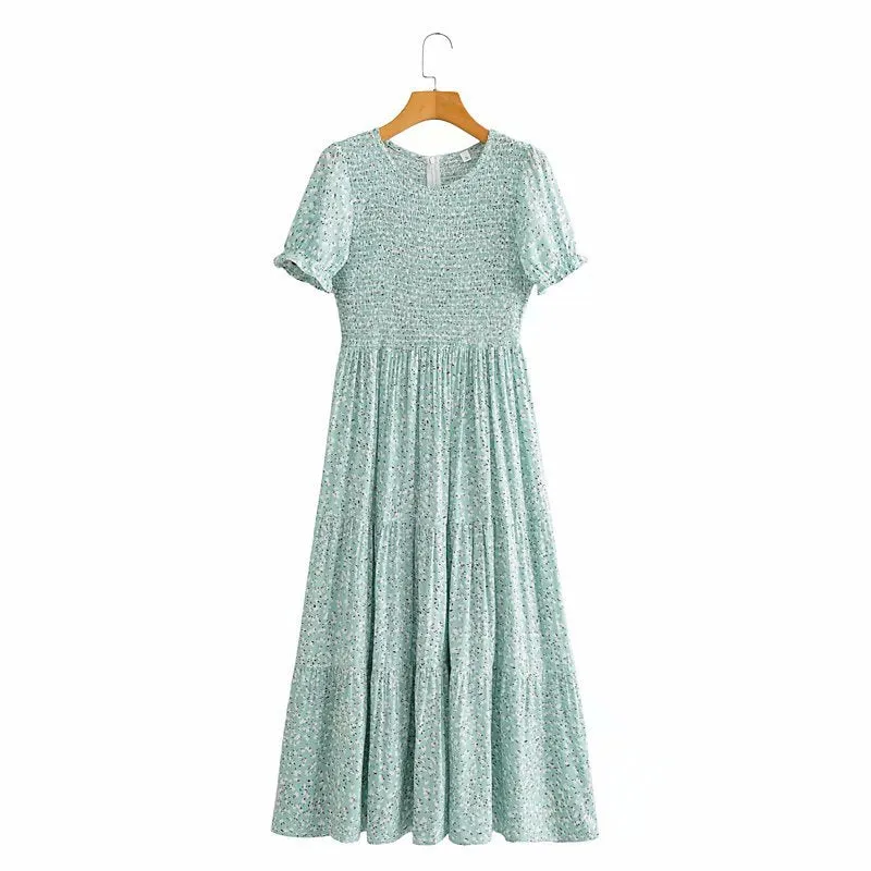 Floral Puff Sleeve Round Neck Shirred Frill Midi Dresses