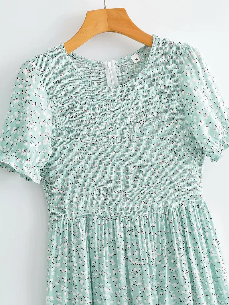 Floral Puff Sleeve Round Neck Shirred Frill Midi Dresses