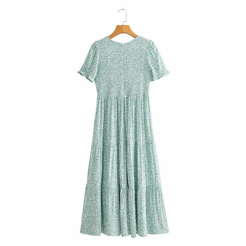 Floral Puff Sleeve Round Neck Shirred Frill Midi Dresses