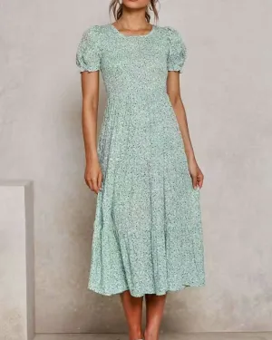 Floral Puff Sleeve Round Neck Shirred Frill Midi Dresses