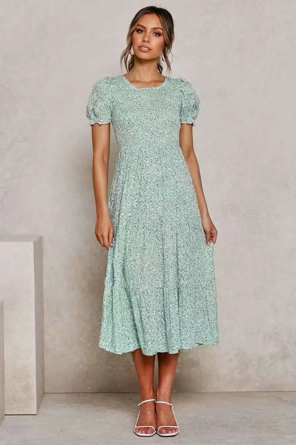 Floral Puff Sleeve Round Neck Shirred Frill Midi Dresses