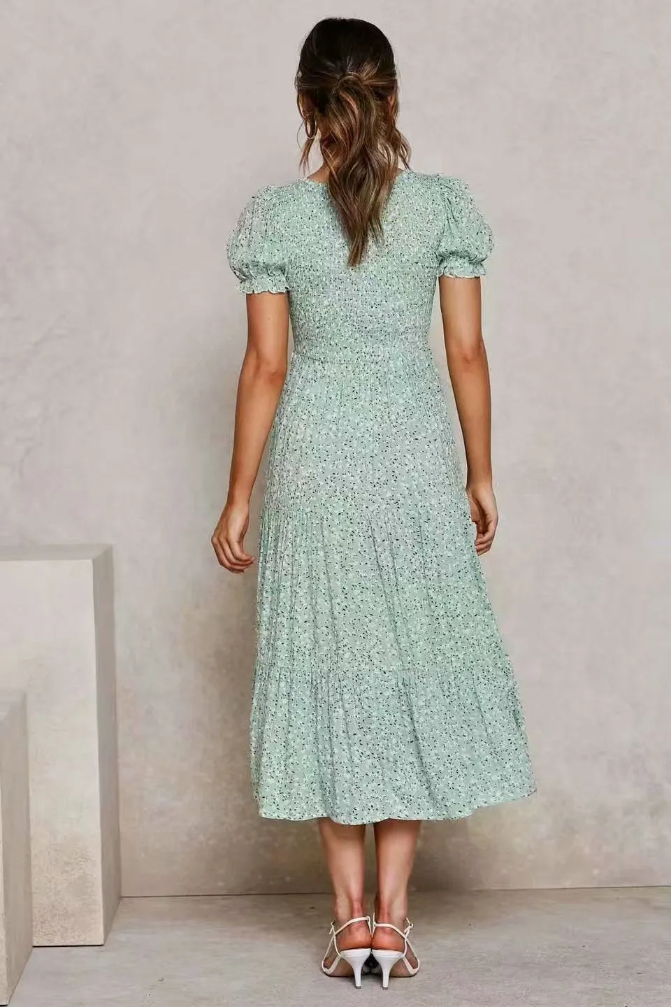 Floral Puff Sleeve Round Neck Shirred Frill Midi Dresses