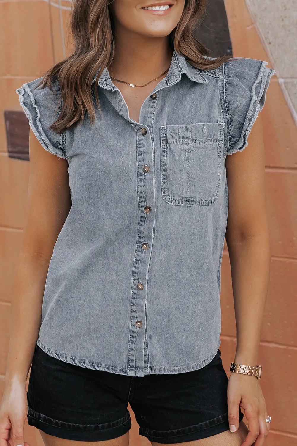 Frayed Ruffle Sleeve Denim Shirt