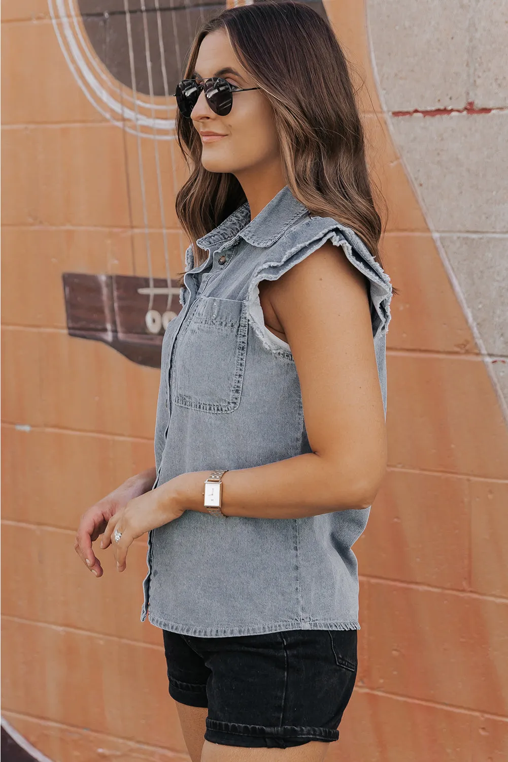 Frayed Ruffle Sleeve Denim Shirt