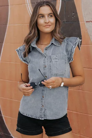 Frayed Ruffle Sleeve Denim Shirt