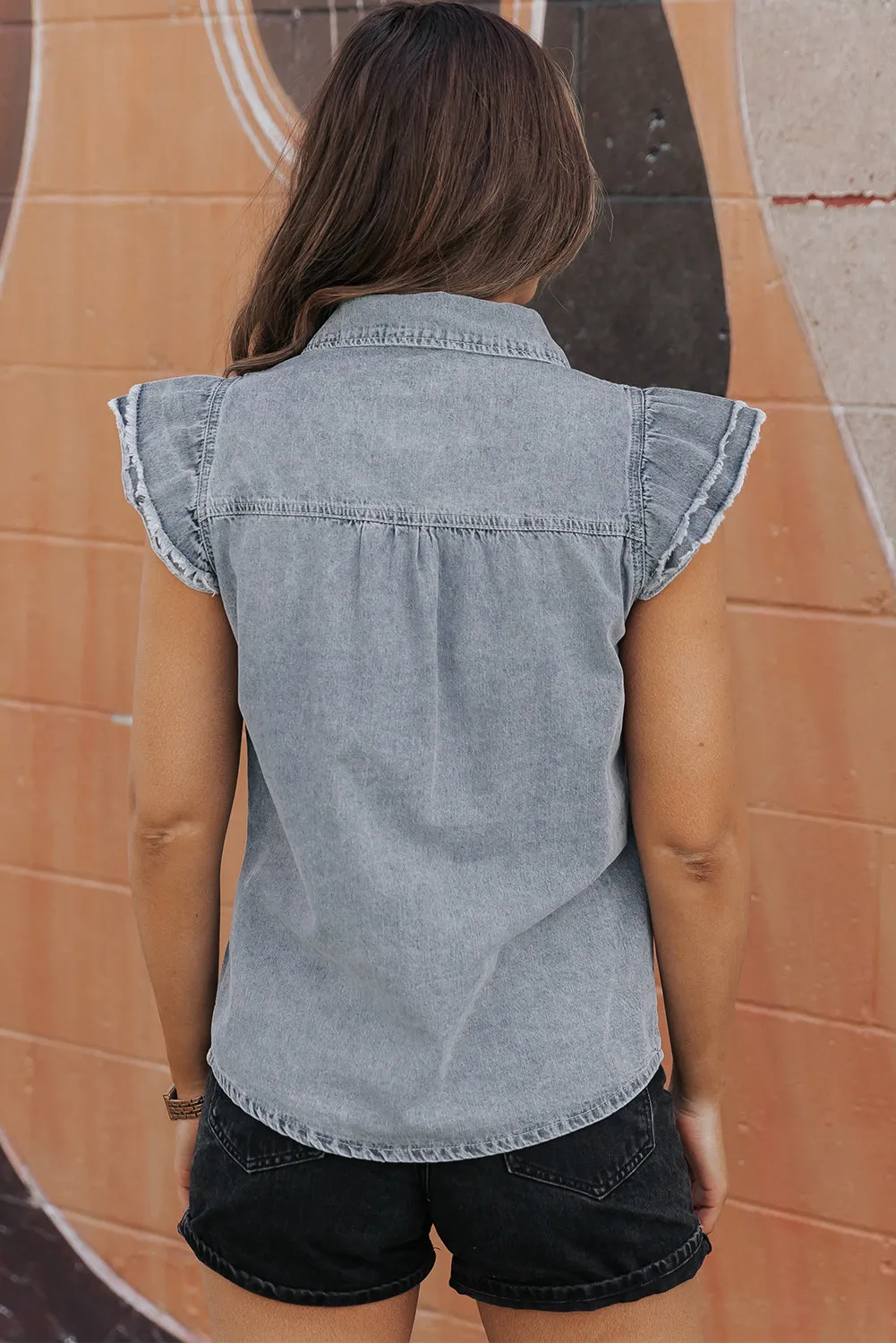 Frayed Ruffle Sleeve Denim Shirt