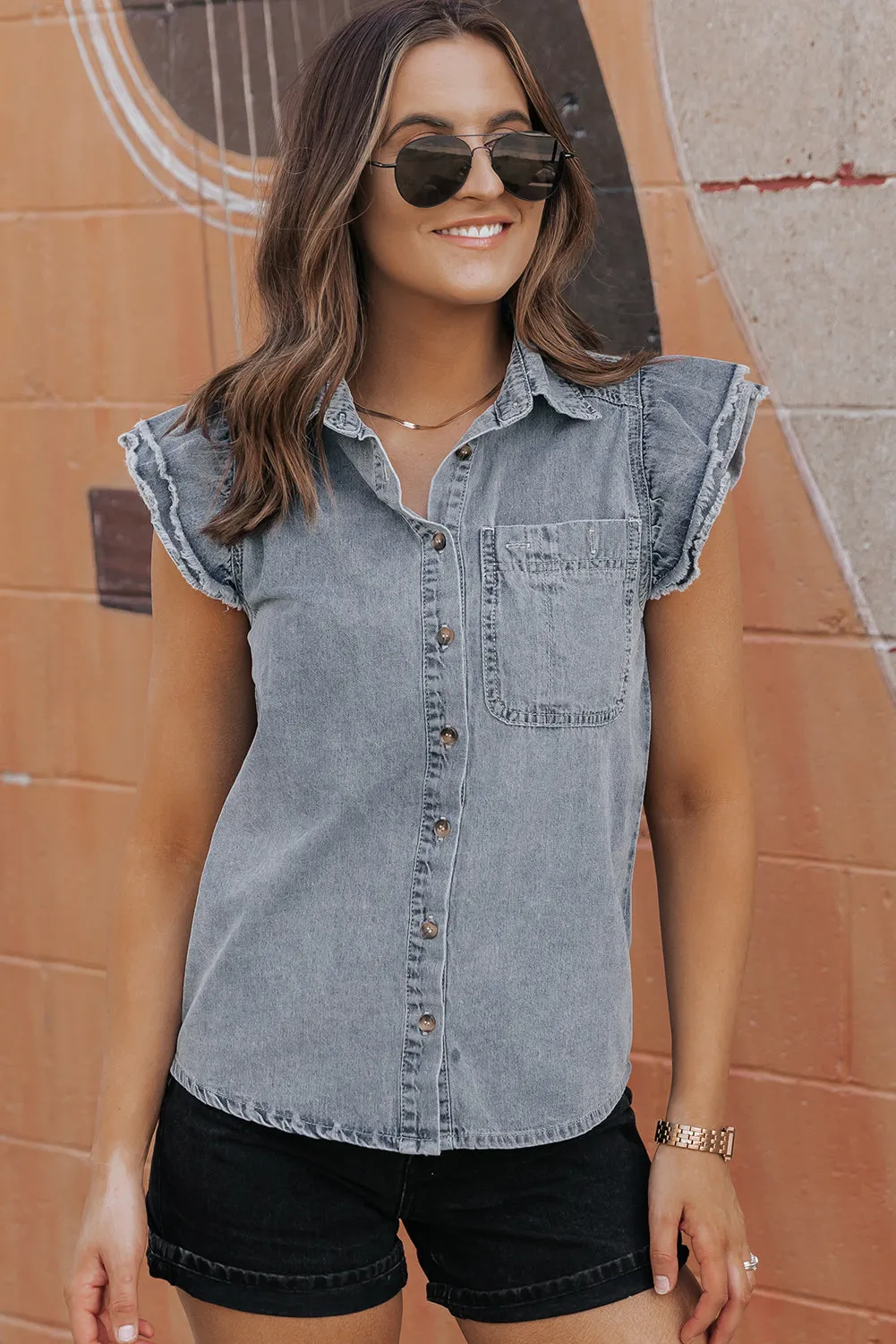 Frayed Ruffle Sleeve Denim Shirt