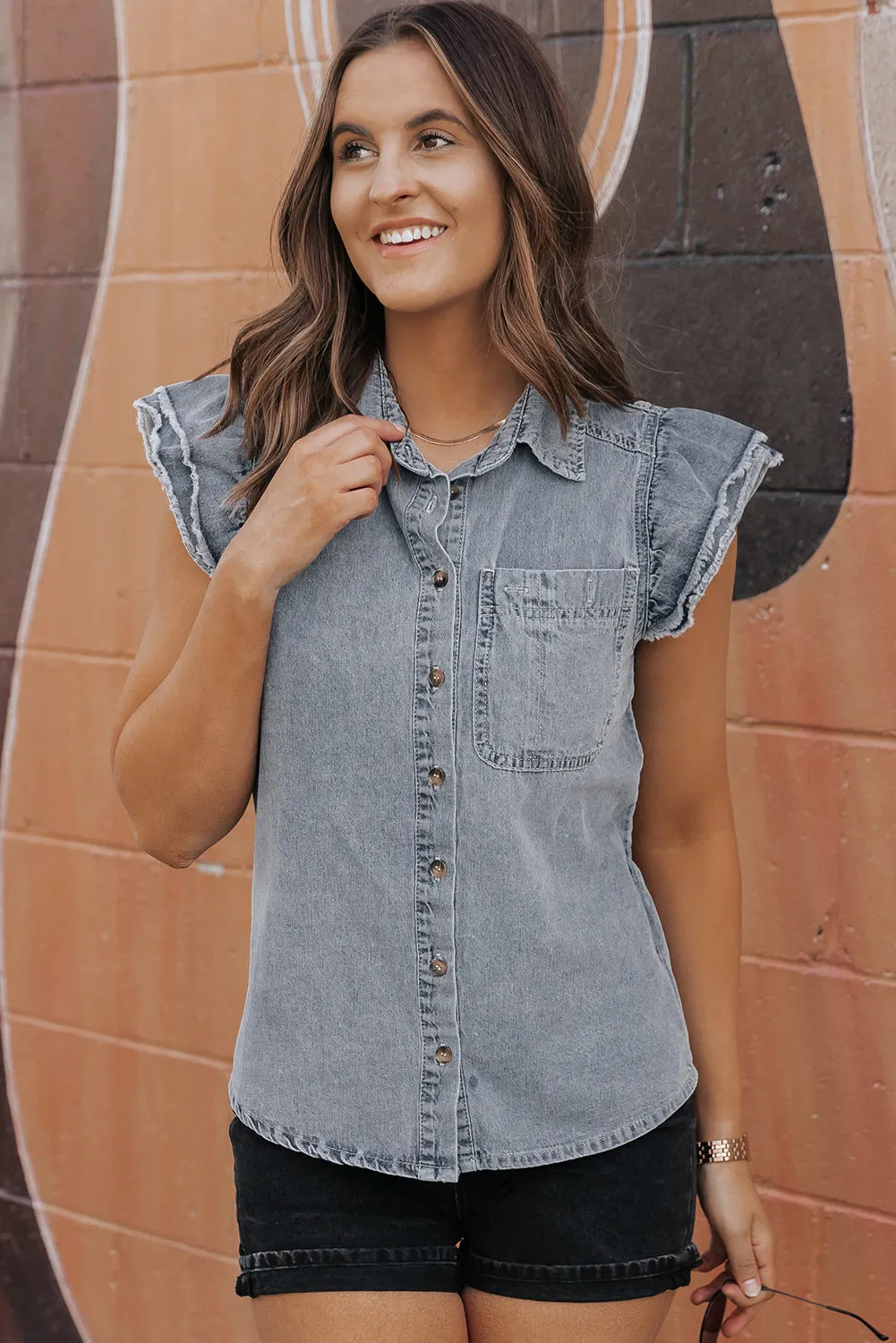 Frayed Ruffle Sleeve Denim Shirt