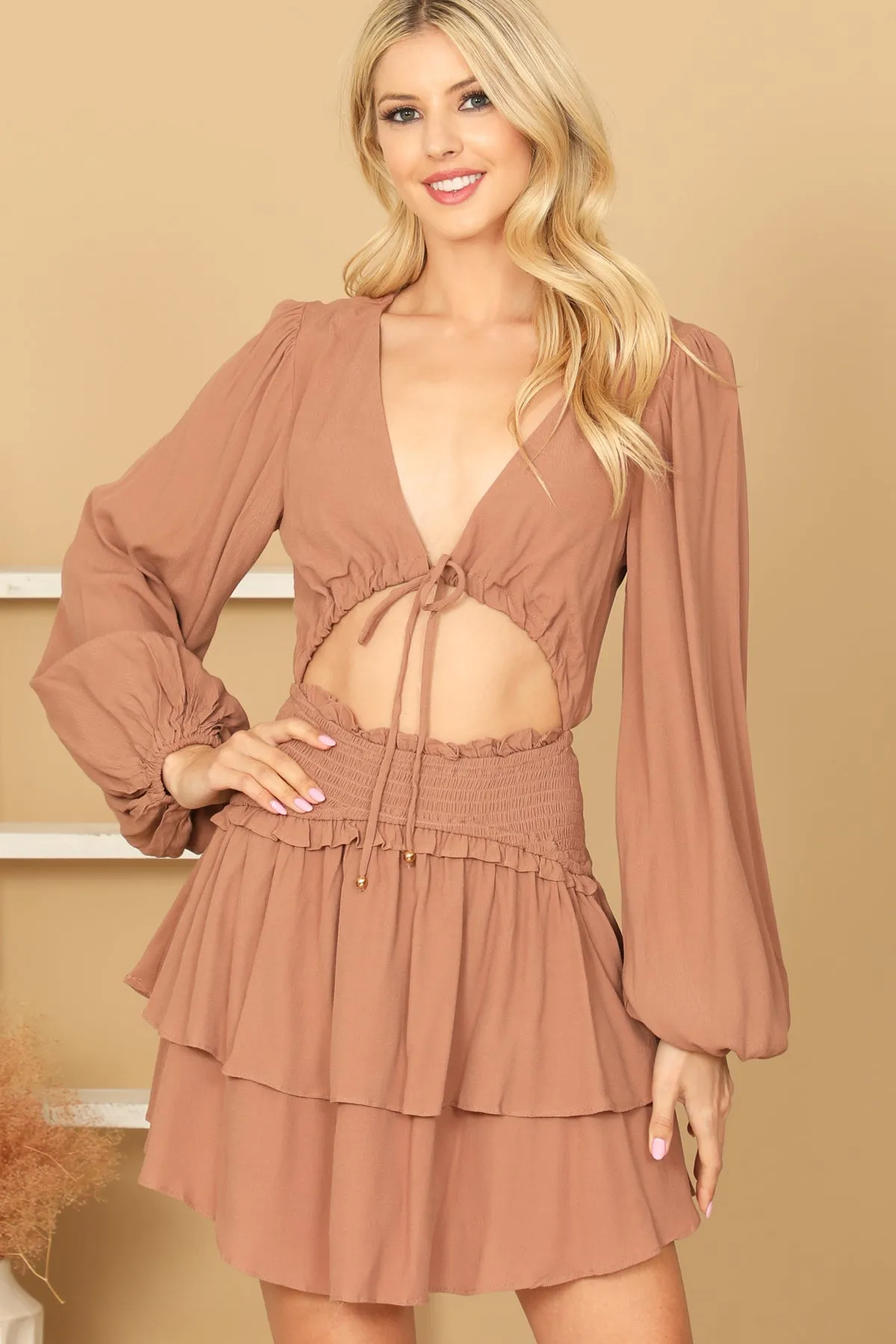 FRONT CUT-OUT DEEP NECK TIERED HEM DRESS
